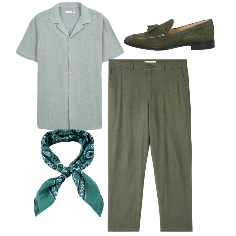 Outfit uomo - City. Stile Trendy per Tutti i giorni. Abbinamento con scarpe stringate, pantaloni, camicie a manica corta, sciarpe e foulard.