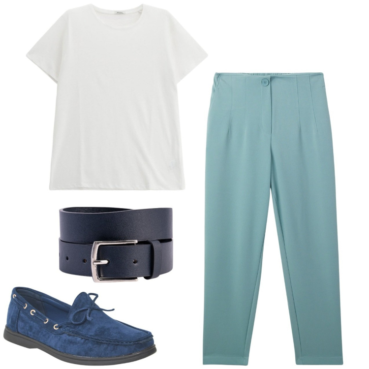 Outfit uomo - City. Stile Casual per Tutti i giorni. Abbinamento con pantaloni chino, scarpe stringate, t-shirt, cinture.