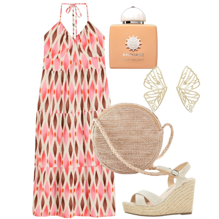 Outfit donna - June\'s wings. Stile Chic per Tutti i giorni. Abbinamento con vestiti midi/longuette, borse a tracolla, sandali, profumi, orecchini.