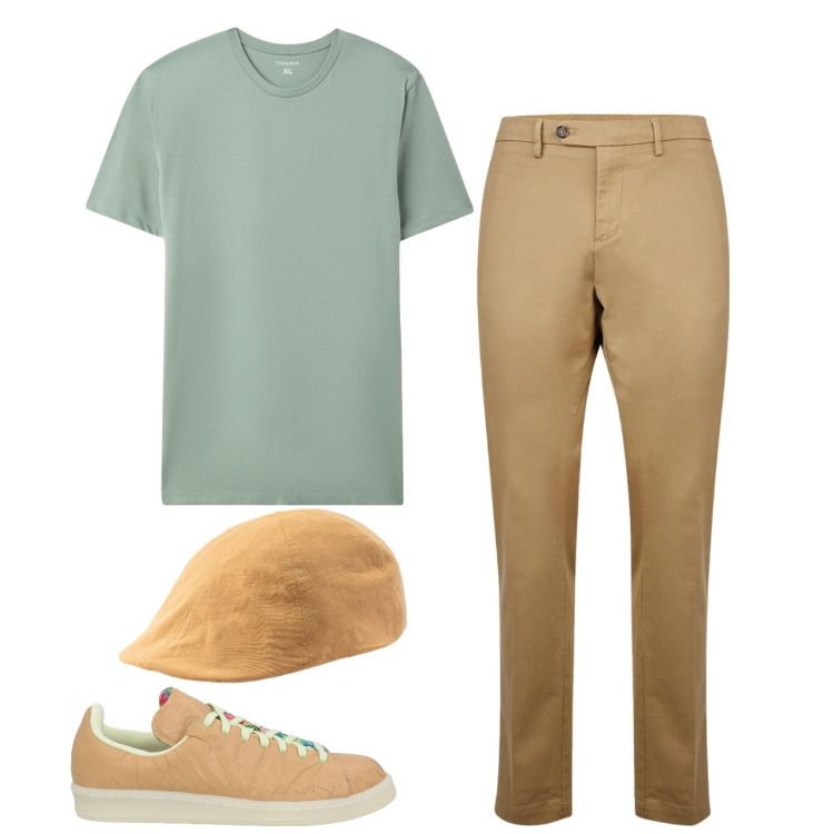 Outfit uomo - City. Stile Casual per Tutti i giorni. Abbinamento con sneakers, t-shirt, pantaloni chino, cappelli con visiera.