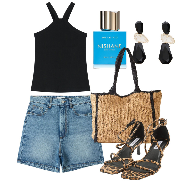 Outfit donna - Serata in shorts. Stile Casual chic per Serata fuori. Abbinamento con shopping bag, profumi, bermuda, sandali col tacco, top, orecchini.