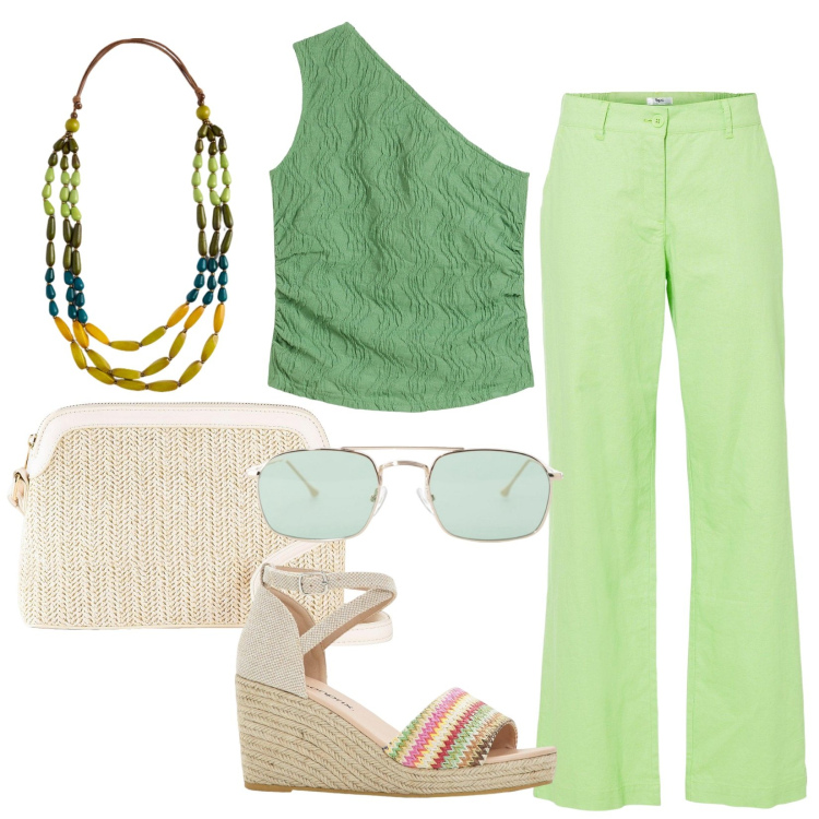 Outfit donna - Estate in verde. Stile Trendy per Tutti i giorni. Abbinamento con top, pantaloni, borse a tracolla, sandali, occhiali da sole, collane.