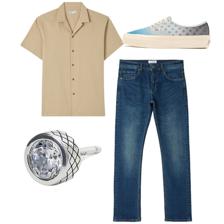 Outfit uomo - City. Stile Casual per Tutti i giorni. Abbinamento con camicie a manica corta, jeans dritti, orecchini, sneakers.