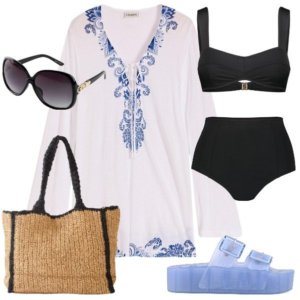 Outfit donna - Vestita di sole e di azzurro. Stile Boho per Mare. Abbinamento con occhiali da sole, shopping bag, vestiti da spiaggia, bikini, sandali.