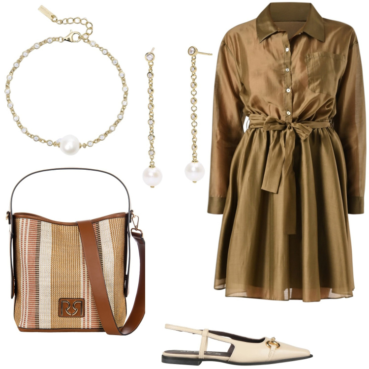 Outfit donna - Abito chemisier per l\'ufficio. Stile Bon Ton per Ufficio. Abbinamento con ballerine, borse a secchiello, vestiti chemisier, orecchini, braccialetti.