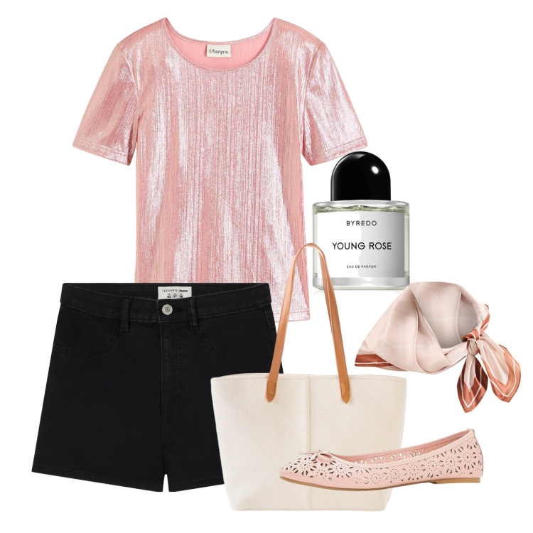 Outfit donna - Giugno. Stile Casual chic per Tutti i giorni. Abbinamento con ballerine, maglieria, shopping bag, profumi, shorts, foulard.