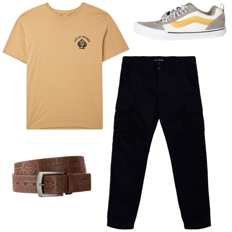 Outfit uomo - City. Stile Casual per Tutti i giorni. Abbinamento con cinture, sneakers, pantaloni cargo, t-shirt.