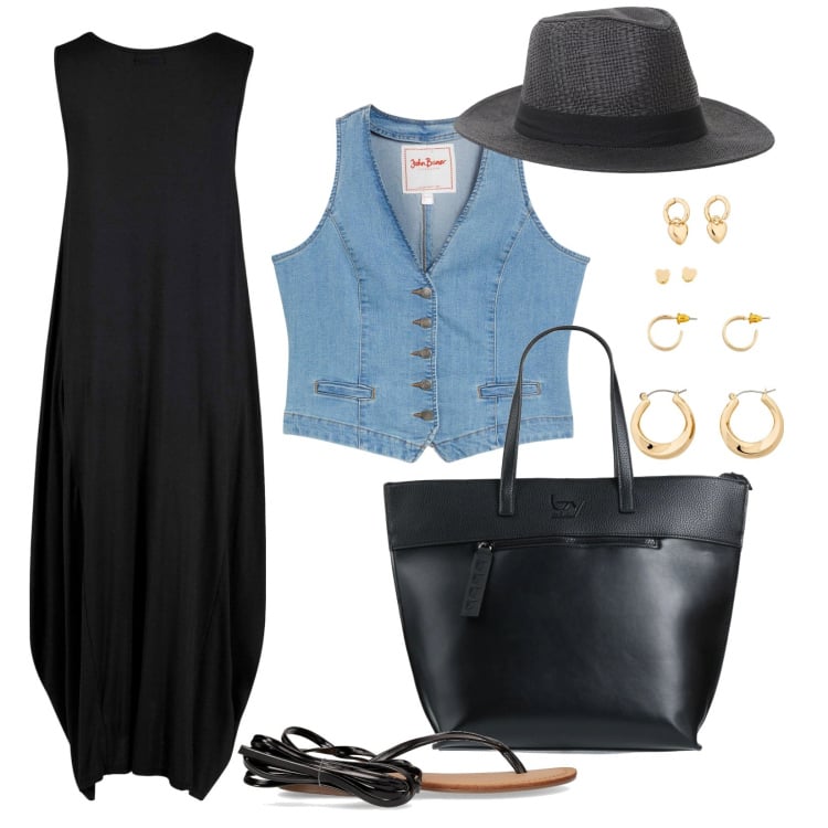 Outfit donna - In città. Stile Trendy per Tutti i giorni. Abbinamento con gilet, vestiti lunghi, orecchini, borse a mano, cappelli, sandali alla schiava.