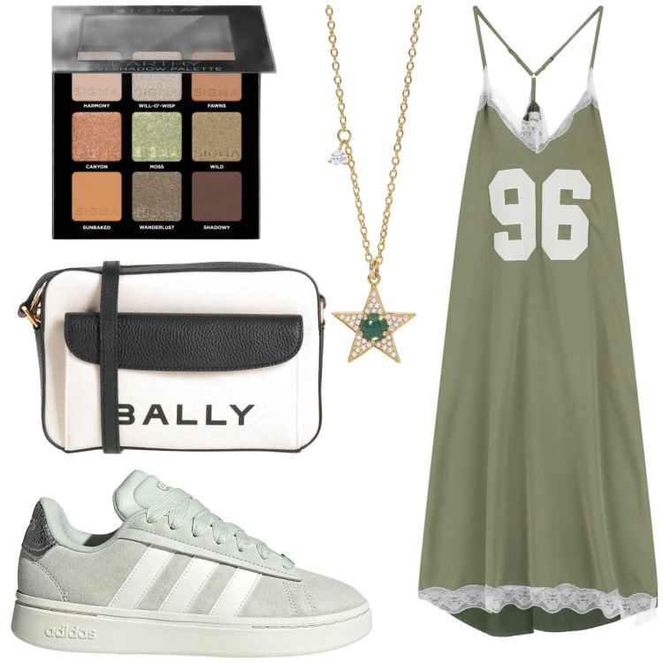 Outfit donna - Total look #2191691. Stile Sporty chic per Tutti i giorni. Abbinamento con borse a tracolla, ombretti, collane, vestiti lunghi, sneakers.