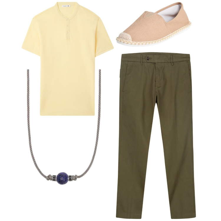 Outfit uomo - City. Stile Casual per Tutti i giorni. Abbinamento con t-shirt, espadrillas, collane, pantaloni chino.