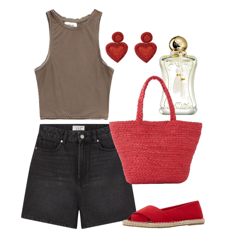 Outfit donna - Cuori di giugno. Stile Casual chic per Tutti i giorni. Abbinamento con espadrillas, shopping bag, profumi, bermuda, top, orecchini.