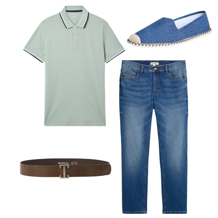 Outfit uomo - City. Stile Casual per Tutti i giorni. Abbinamento con jeans dritti, espadrillas, polo, cinture.