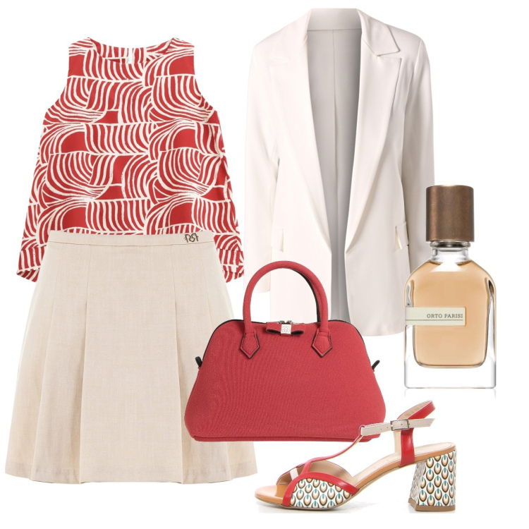 Outfit donna - Quasi un tailleur. Stile Bon Ton per Ufficio. Abbinamento con borse a mano, profumi, gonne, blazer, top, sandali col tacco.