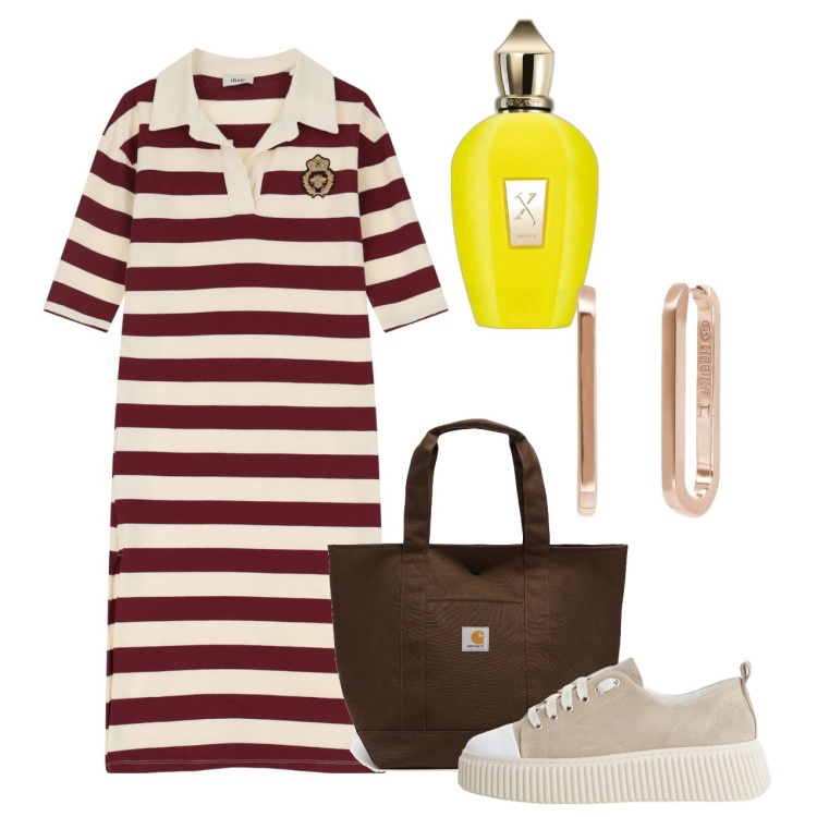 Outfit donna - Giugno. Stile Bon Ton per Tutti i giorni. Abbinamento con profumi, orecchini, sneakers, vestiti, borse tote.