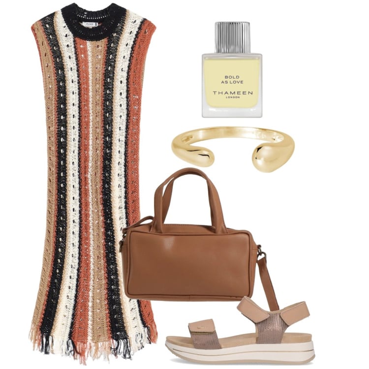 Outfit donna - Crochet. Stile Chic per Tutti i giorni. Abbinamento con borse a mano, profumi, anelli, vestiti senza maniche, sandali.