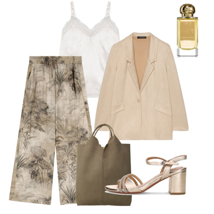 Outfit donna - Giugno. Stile Bon Ton per Ufficio. Abbinamento con profumi, pantaloni, shopping bag, blazer, canottiere, sandali in pelle.