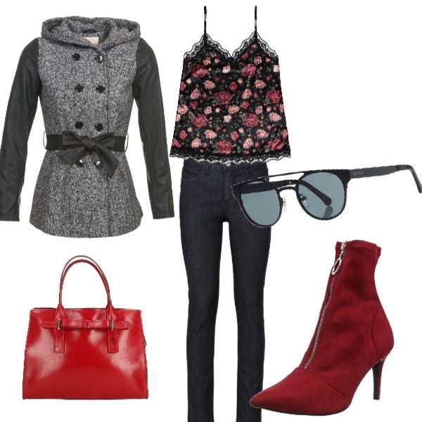 Outfit donna - Low Cost sbarazzino. Stile Urban per Scuola/Università. Abbinamento con jeans skinny, occhiali da sole lenti sfumate in montatura in metallo tinta unita, cappotto grigio, canottiera con pizzo e cerchi con spalline sottili in velluto nero, stivaletti rosso, borsa a tracolla made italy con zip e manico tinta unita.