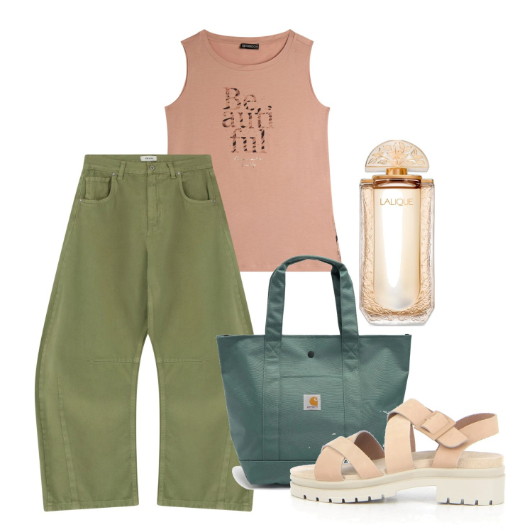 Outfit donna - Giugno. Stile Casual per Tutti i giorni. Abbinamento con profumi, canottiere, pantaloni, borse tote, sandali.
