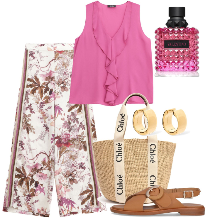 Outfit donna - Giugno. Stile Chic per Tutti i giorni. Abbinamento con profumi, top, pantaloni, sandali, shopping bag, orecchini.