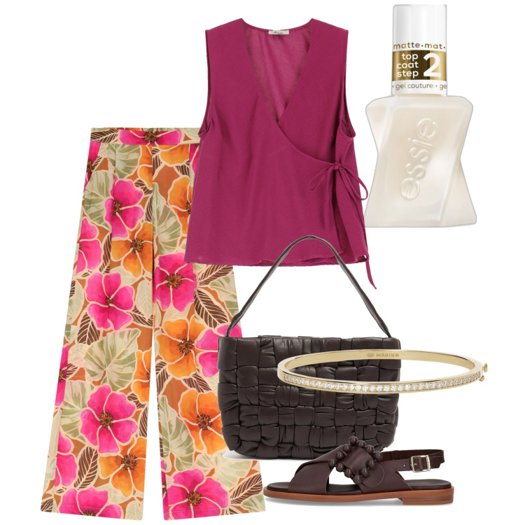 Outfit donna - Fiori grandi. Stile Chic per Tutti i giorni. Abbinamento con smalti, braccialetti, top, pantaloni, sandali, shopping bag.