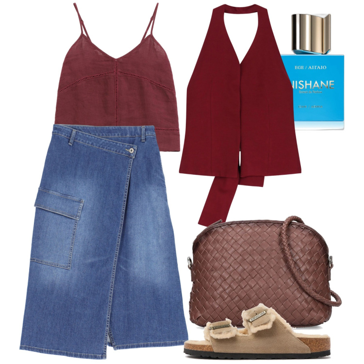 Outfit donna - Giugno. Stile Casual chic per Tutti i giorni. Abbinamento con profumi, gonne longuette, gilet, top, sandali in pelle, borse a spalla.