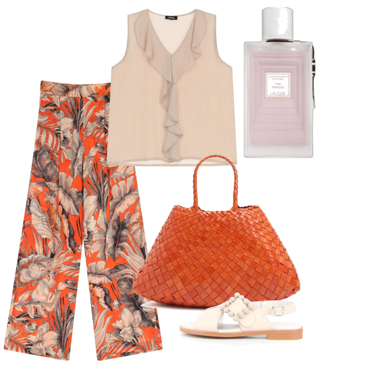 Outfit donna - Giugno. Stile Chic per Tutti i giorni. Abbinamento con profumi, top, pantaloni a palazzo, sandali, borse a spalla.