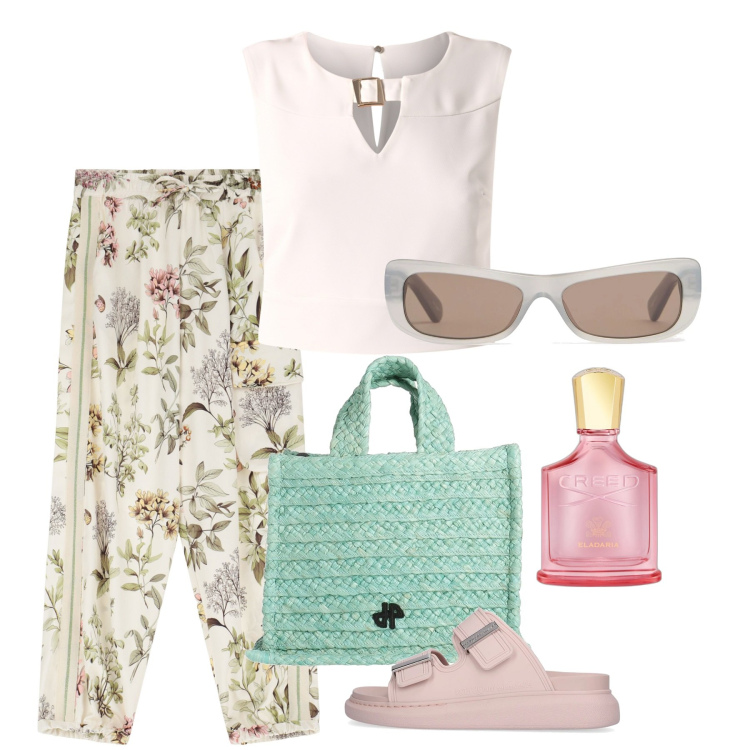 Outfit donna - Giugno. Stile Chic per Tutti i giorni. Abbinamento con borse a mano, profumi, top, pantaloni chino, sandali, occhiali da sole.