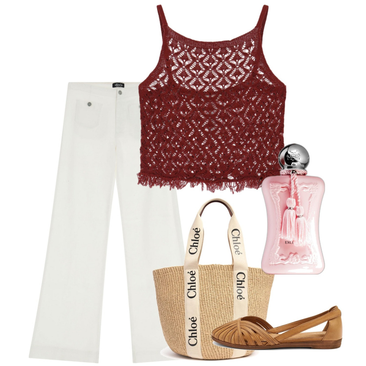Outfit donna - Giugno. Stile Bon Ton per Tutti i giorni. Abbinamento con profumi, pantaloni a palazzo, top, ballerine, shopping bag.