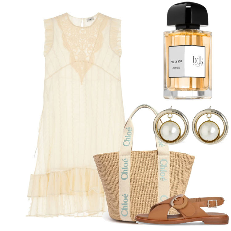 Outfit donna - Il pizzo vintage. Stile Vintage retrò per Tutti i giorni. Abbinamento con profumi, vestiti senza maniche, orecchini, sandali, shopping bag.