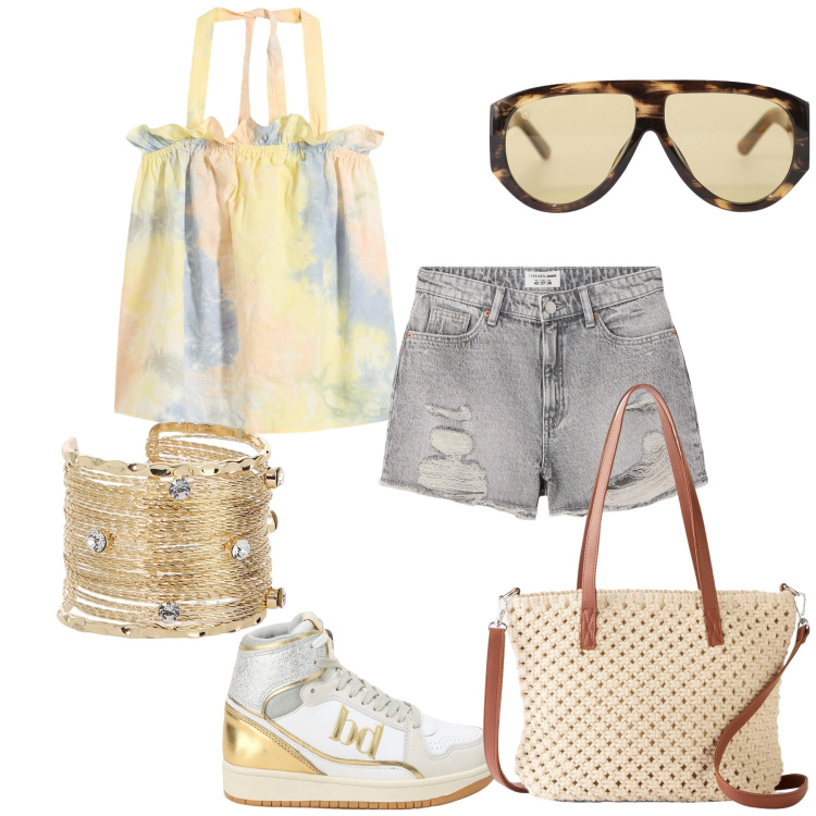 Outfit donna - Fresco total look. Stile Casual chic per Tutti i giorni. Abbinamento con borse a mano, top, shorts, occhiali da sole, sneakers alte, braccialetti.