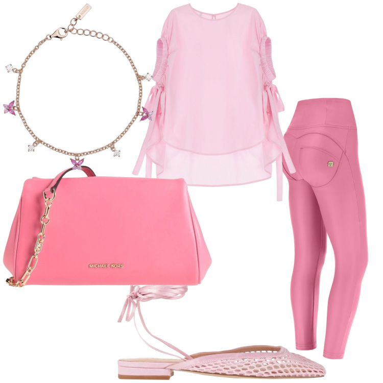 Outfit donna - Pink is chic even in leggings. Stile Romantica per Serata fuori. Abbinamento con borse a tracolla, ballerine, braccialetti, camicie a manica corta, pantaloni skinny.