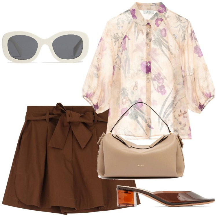 Outfit donna - Summer look. Stile Chic per Tutti i giorni. Abbinamento con shorts, camicie, pantofole, borse a spalla, occhiali da sole.