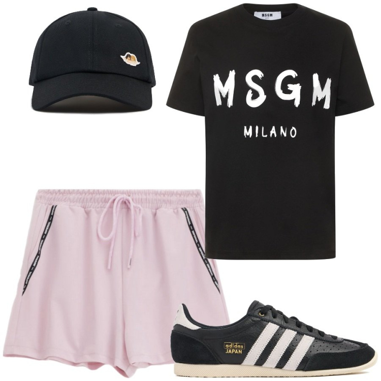 Outfit donna - Sporty. Stile Sporty chic per Sport. Abbinamento con shorts, sneakers, t-shirt, cappelli con visiera.