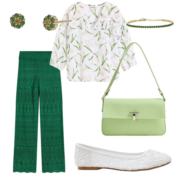 Outfit donna - Pantaloni verdi. Stile Romantica per Tutti i giorni. Abbinamento con pantaloni, ballerine, bluse, borse a spalla, orecchini, braccialetti.