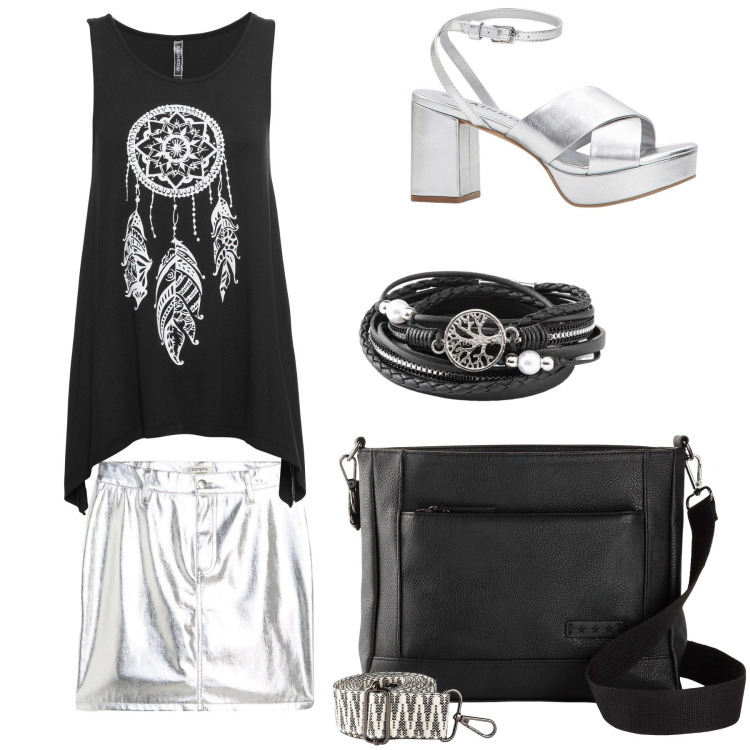 Outfit donna - Serata in discoteca. Stile Glamour per Serata fuori. Abbinamento con minigonne, top, braccialetti, borse a tracolla, sandali col tacco.