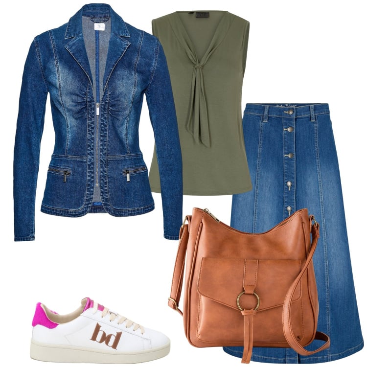 Outfit donna - In viaggio verso le alpi. Stile Glamour per Tutti i giorni. Abbinamento con top, gonne longuette, blazer, borse a tracolla, sneakers.