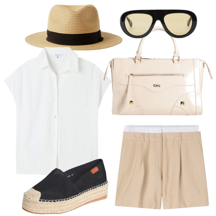 Outfit donna - Semplicemente shorts. Stile Minimal per Tutti i giorni. Abbinamento con borse a mano, camicie, shorts, espadrillas, cappelli, occhiali da sole.
