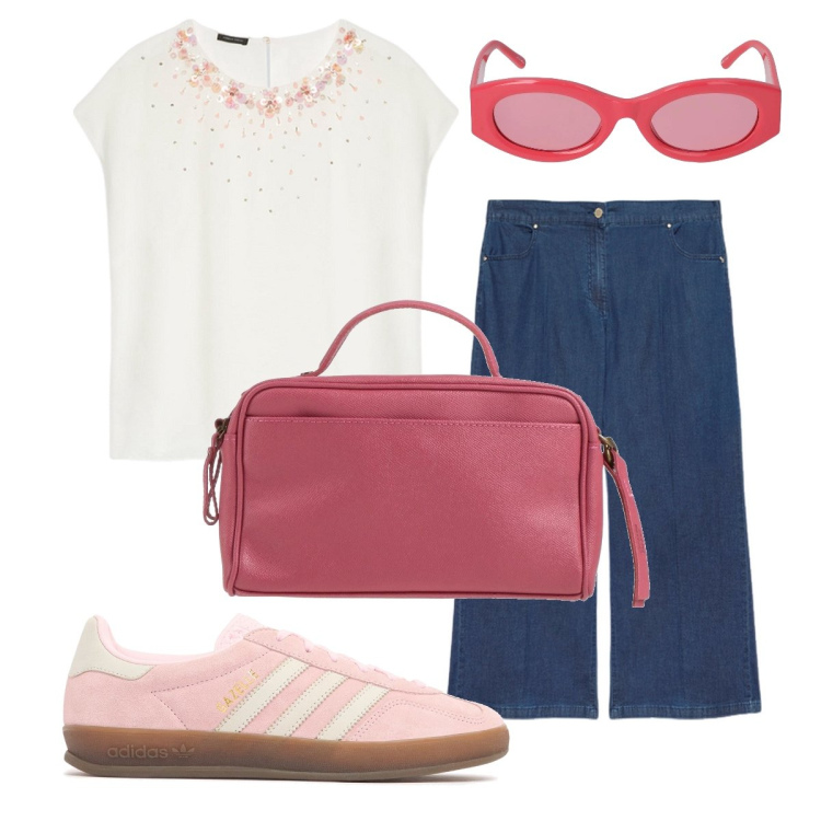 Outfit donna - In ufficio con le Adidas. Stile Casual chic per Ufficio. Abbinamento con borse a mano, bluse, jeans, sneakers, occhiali da sole.