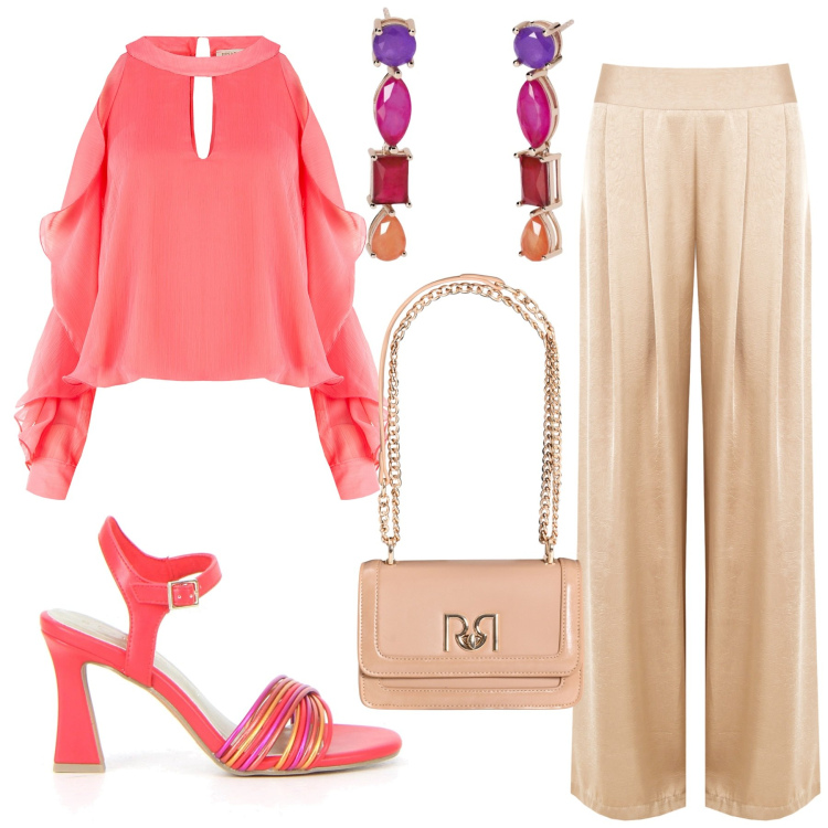Outfit donna - Total look #2191821. Stile Chic per Serata fuori. Abbinamento con orecchini, borse a tracolla, bluse, pantaloni, sandali col tacco.