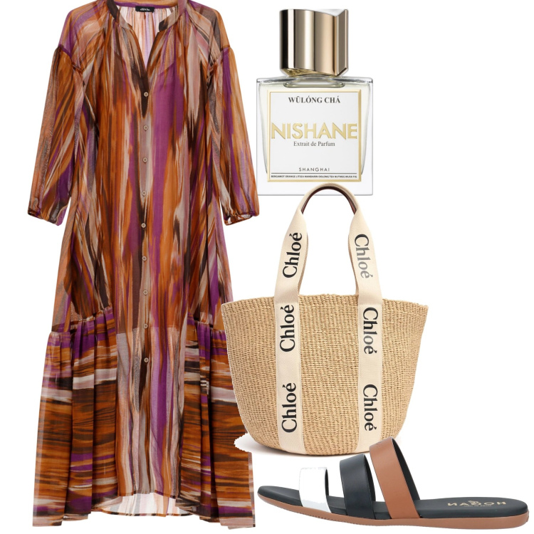 Outfit donna - Giugno. Stile Boho per Tutti i giorni. Abbinamento con sandali in pelle, profumi, vestiti lunghi, shopping bag.