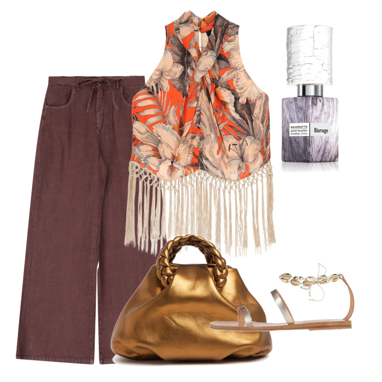 Outfit donna - Giugno. Stile Casual chic per Tutti i giorni. Abbinamento con sandali in pelle, profumi, pantaloni, top, borse a mano.