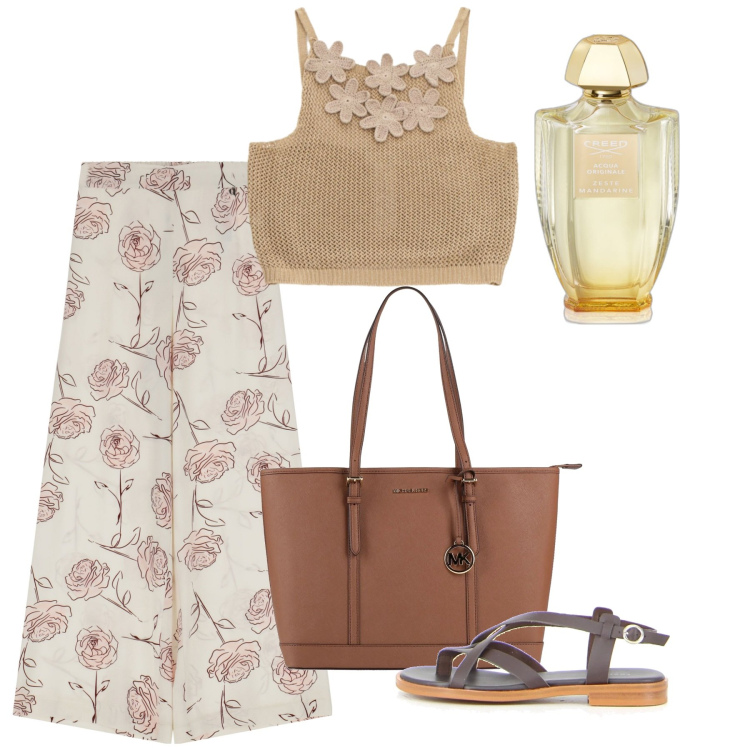 Outfit donna - Giugno. Stile Bon Ton per Tutti i giorni. Abbinamento con borse a spalla, profumi, pantaloni, top, sandali.