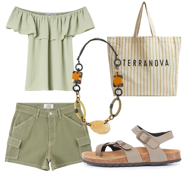 Outfit donna - Total look #2191831. Stile Basic per Tutti i giorni. Abbinamento con pantaloni corti, bluse, borse tote, collane, ciabatte.