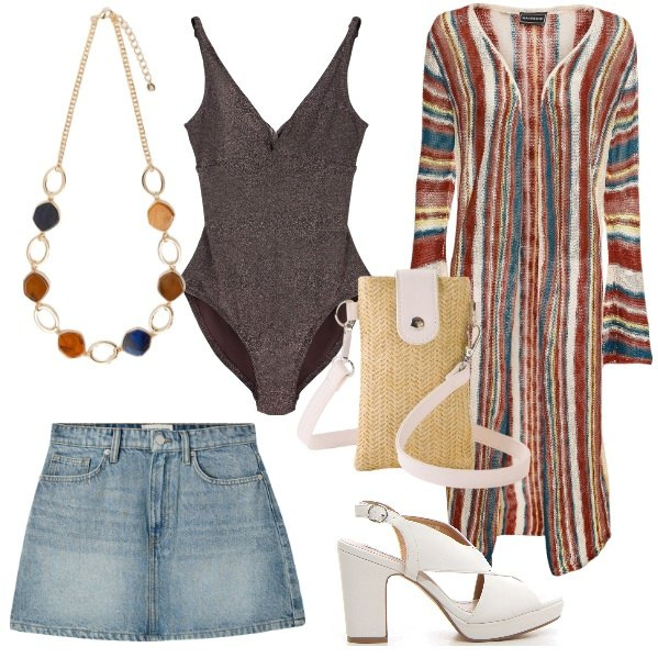 Outfit donna - Dalla spiaggia al cocktail bar. Stile Etnico per Mare. Abbinamento con cardigans, borse a tracolla, minigonne, costumi interi, collane, sandali col tacco.
