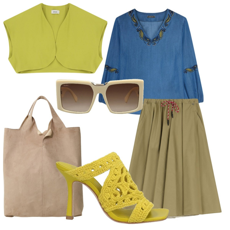 Outfit donna - Il sandalo all’uncinetto. Stile Boho per Tutti i giorni. Abbinamento con sandali in pelle, occhiali da sole, gonne longuette, gilet, shopping bag, bluse.