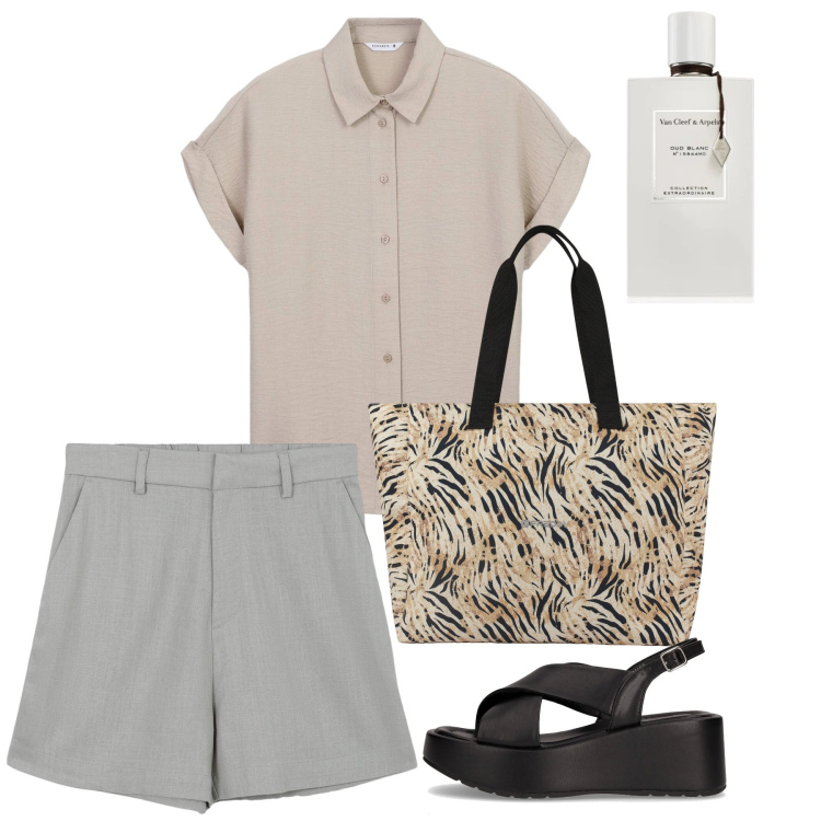 Outfit donna - Giugno. Stile Casual chic per Tutti i giorni. Abbinamento con profumi, bermuda, camicie, shopping bag, sandali.