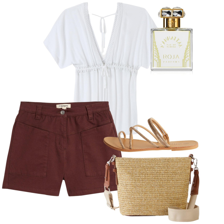 Outfit donna - Giugno. Stile Bon Ton per Tutti i giorni. Abbinamento con borse a tracolla, shorts, profumi, caftani, sandali.