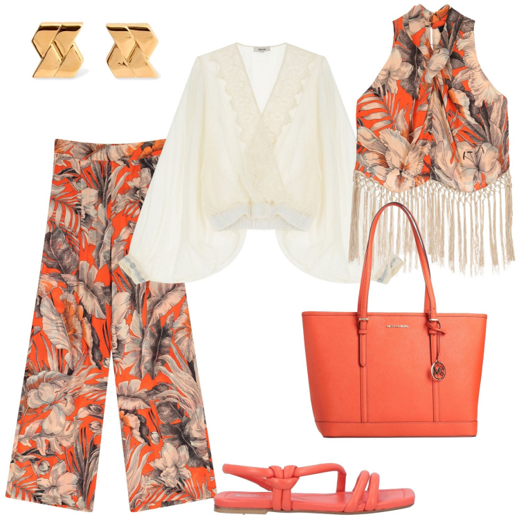 Outfit donna - Outfit con frange. Stile Glamour per Serata fuori. Abbinamento con sandali in pelle, borse a spalla, pantaloni a palazzo, bluse, top, orecchini.