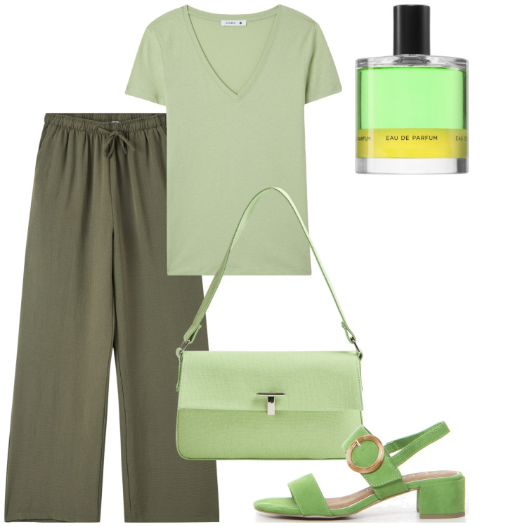 Outfit donna - Giugno verde. Stile Bon Ton per Tutti i giorni. Abbinamento con profumi, pantaloni, t-shirt, borse a spalla, sandali col tacco.