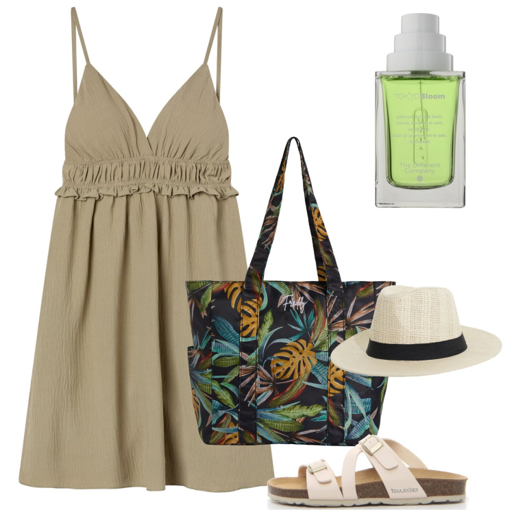 Outfit donna - Bon ton di giugno. Stile Bon Ton per Tutti i giorni. Abbinamento con profumi, vestiti corti, cappelli, shopping bag, ciabatte.